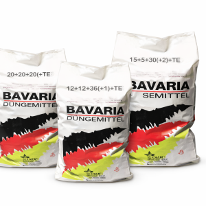 Tri vreće Bavaria vodotopivih mineralnih gnojiva s formulacijama 20+20+20+TE, 12+12+36+TE i 15+5+30+TE, namijenjene za ishranu biljaka putem navodnjavanja